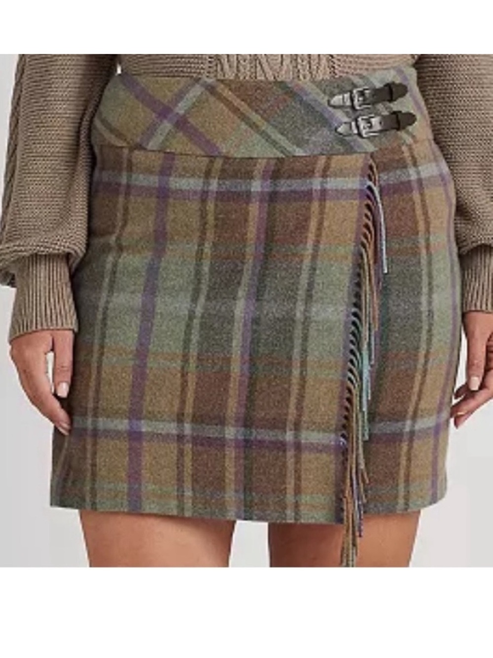 Lauren Ralph Lauren Plaid Fringe Trim Tweed Mini Skirt Buckles Sz 12 Wool Blend - Picture 14 of 15